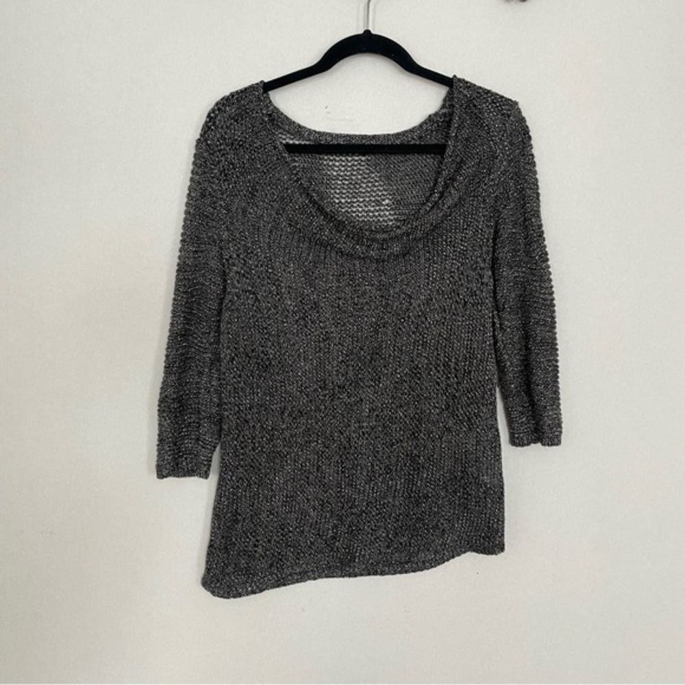 Eileen Fisher Black Shimmer Cowl Neck loose Knit Sweater L